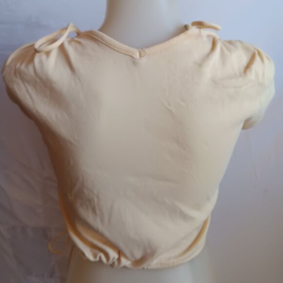 Small Vintage 80's Top Yellow V-Neck T-shirt Crop Ruched Shoulders Drawstring - Picture 7 of 7